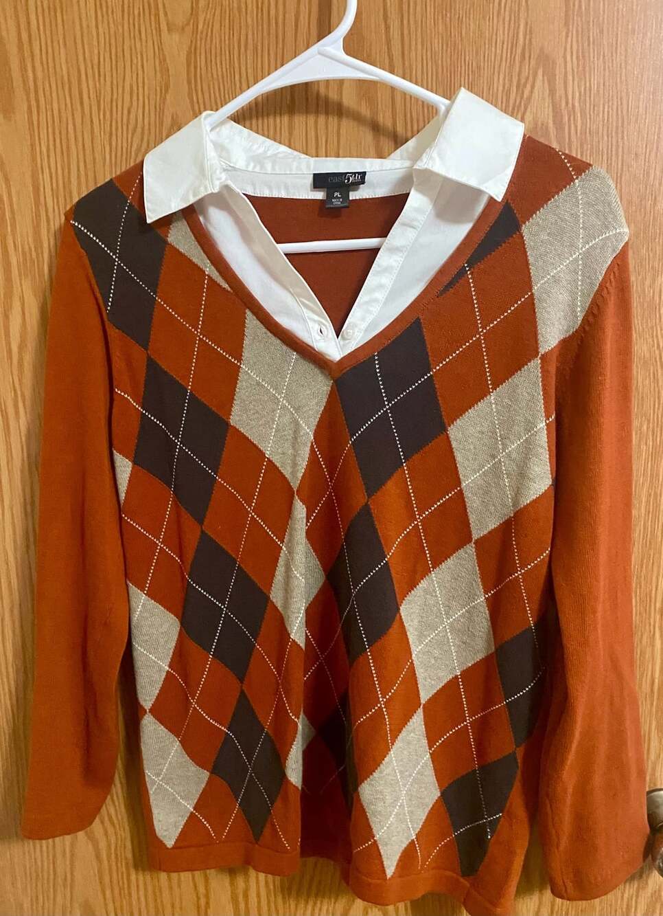 East 5th Argyle Sweater PL Orange Long Sleeve Faux Collar V-Neck